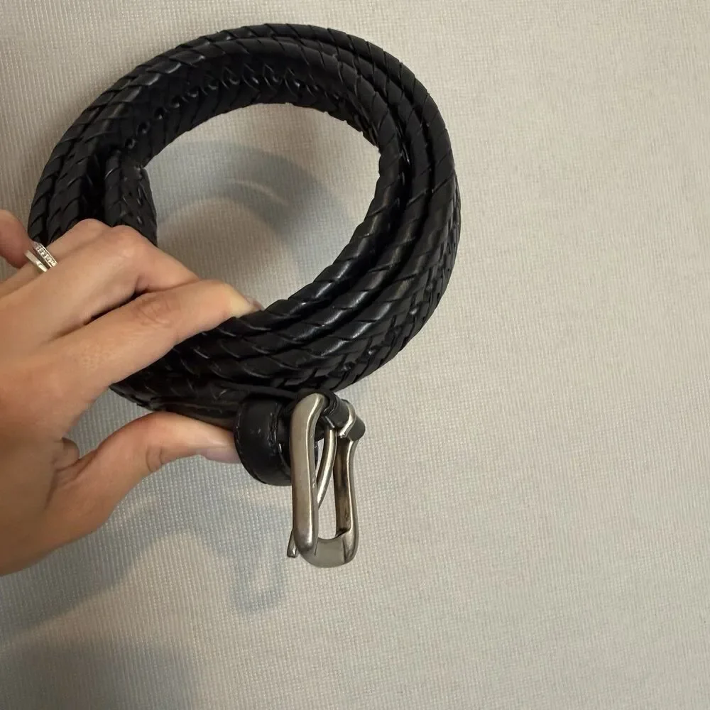 Leather Belt Size 48 Men’s Braided Black Silver Buckle 100% Leather Classic